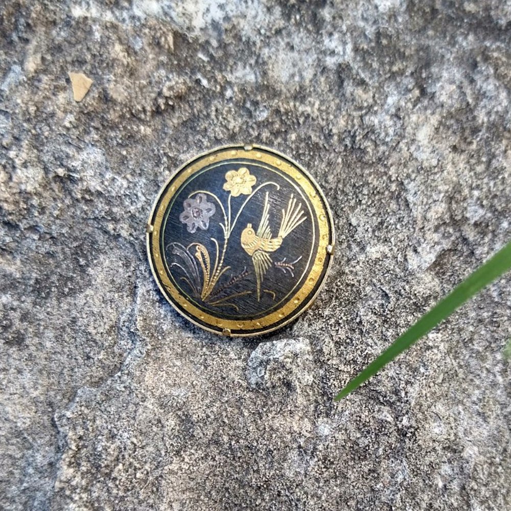 SOLD Vintage Damascene Brooch With Bird & Flowers | Antique